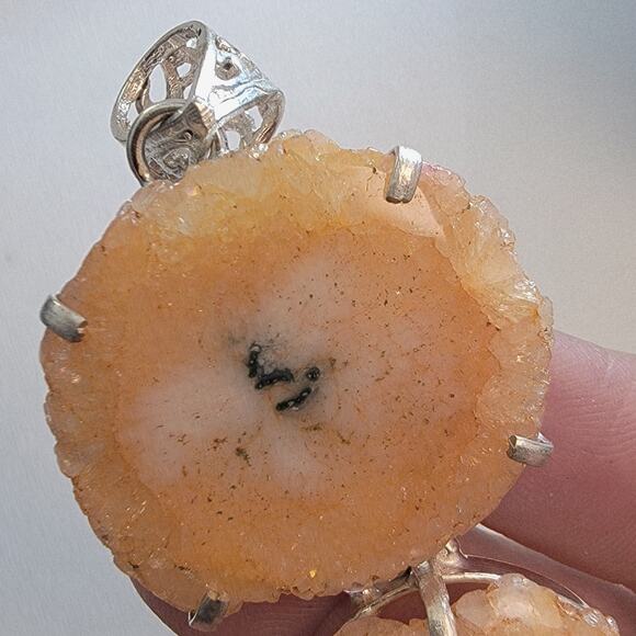 Sterling Silver Pendants Necklace with Handmade Peach Stalactite Slice Jewelry - Picture 3 of 10